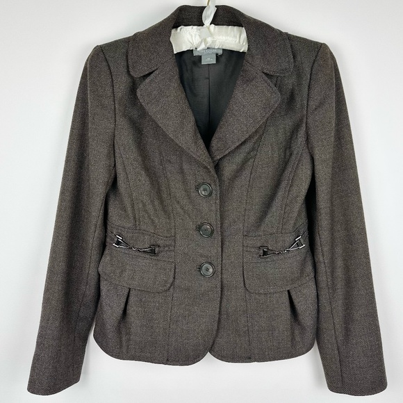 Ann Taylor Wool Blazer Jacket Size 0 Womens Petite Brown Fitted Pockets Classic - Picture 1 of 9